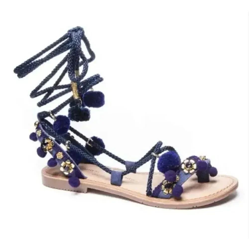 New Chinese laundry blue indigo suede pom Pom Portia gladiator sandals size 7.5